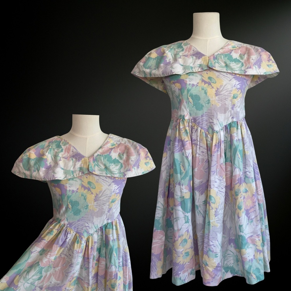 Vintage Handmade Juniors Floral Cottagecore Dress Size XS Basque Waist Garden